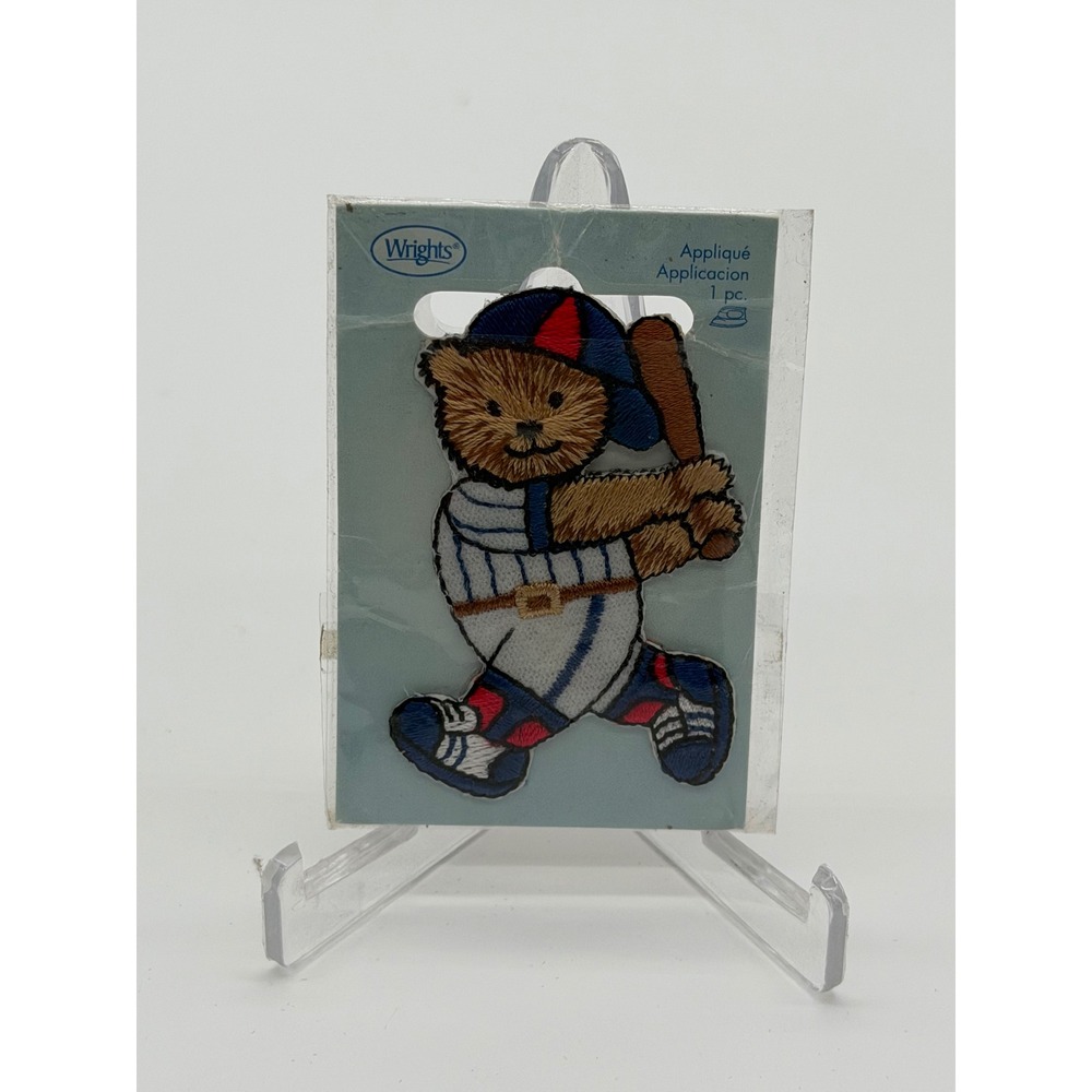 Wrights Baseball Bear Vintage Iron-On Applique Patch Embroidered Sports Bear
